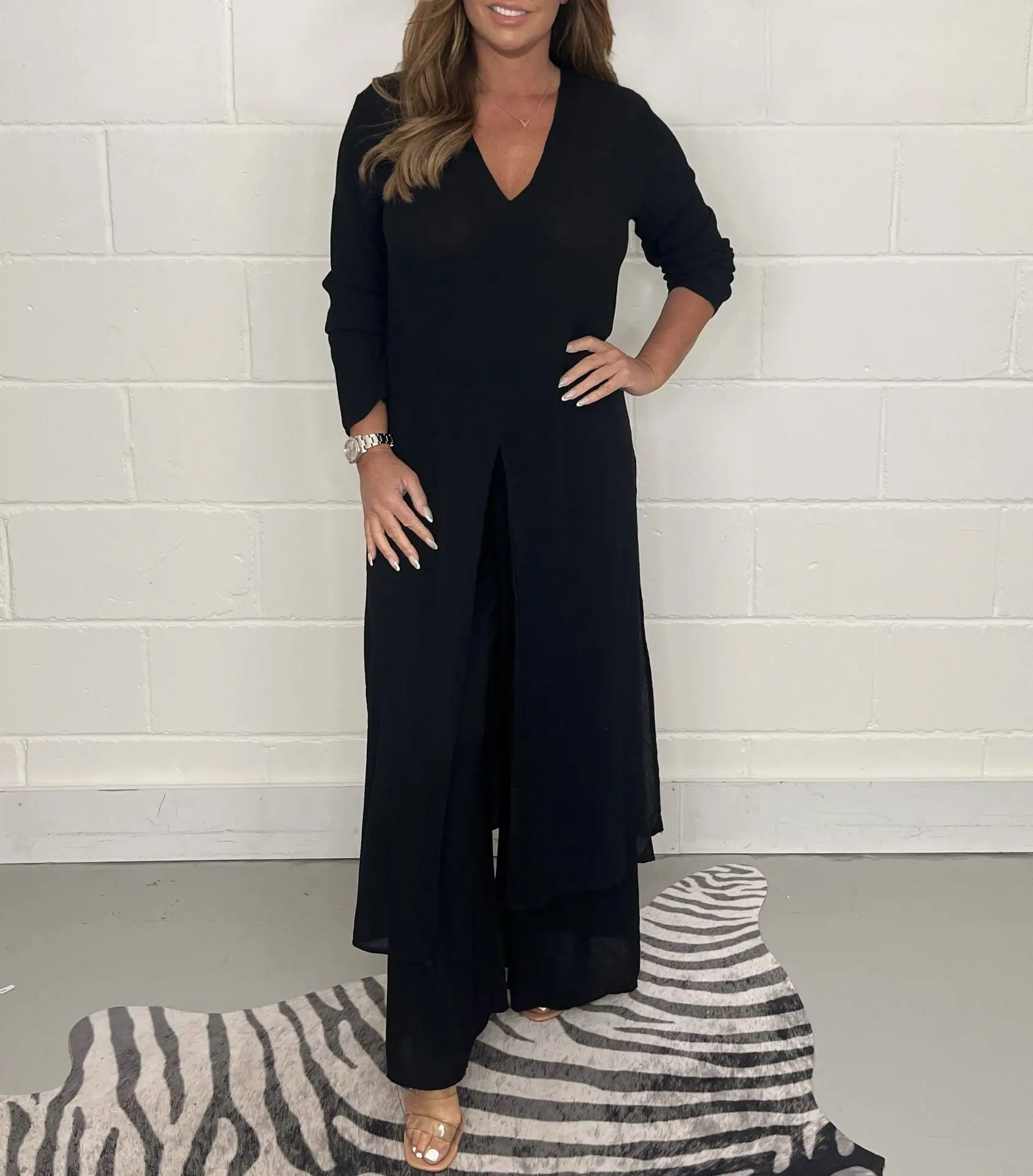 Women V-neck Long Sleeve Split Wide Pants Suit Solid Color — feature 12