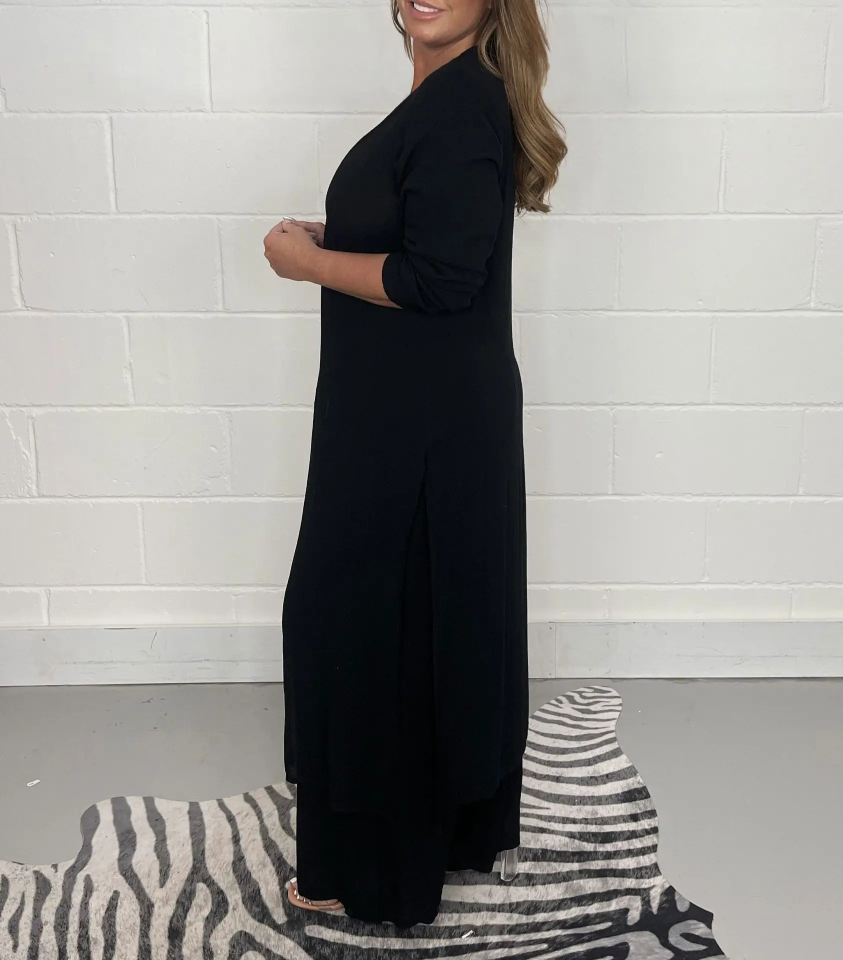 Women V-neck Long Sleeve Split Wide Pants Suit Solid Color — feature 13
