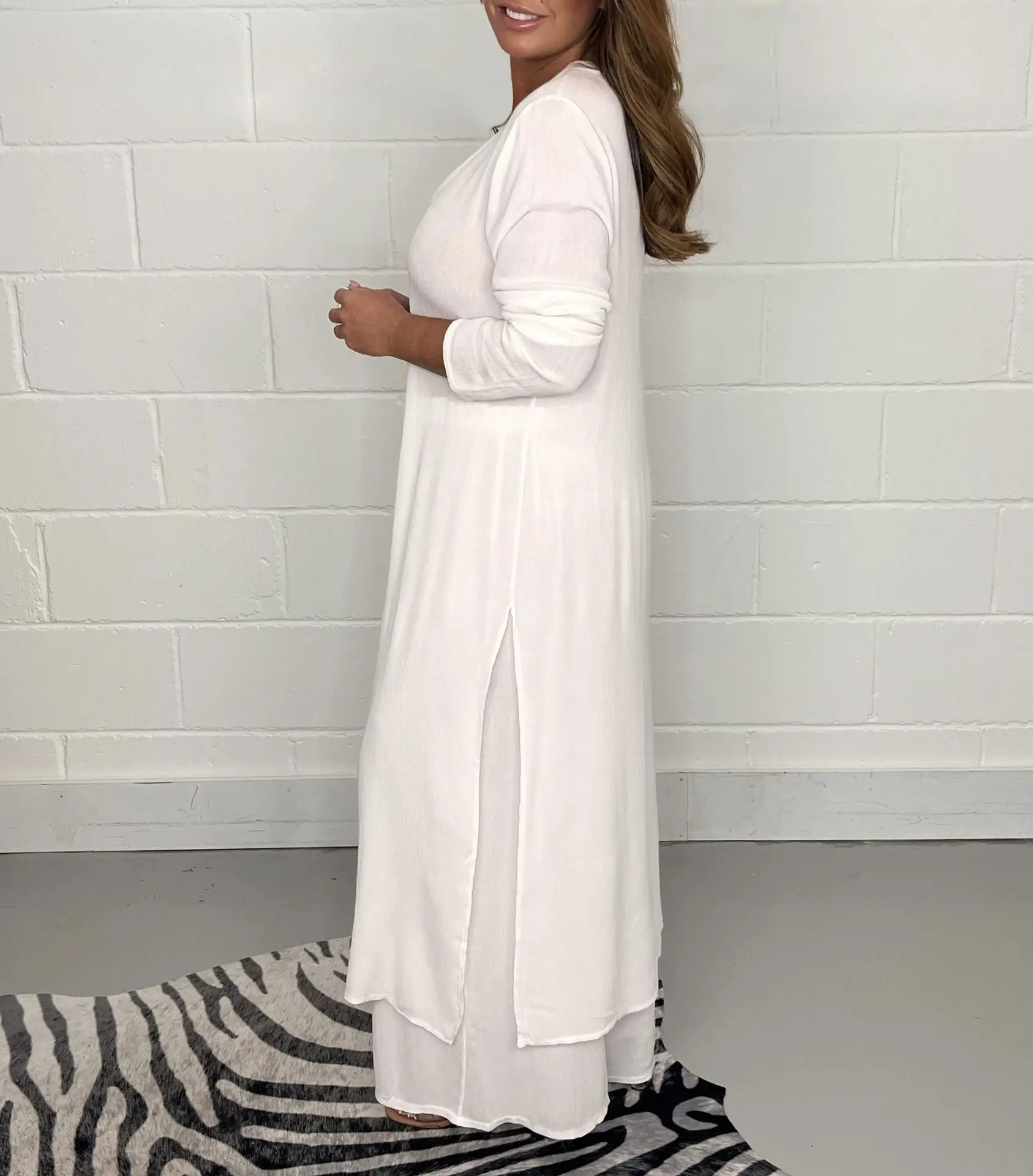Women V-neck Long Sleeve Split Wide Pants Suit Solid Color — feature 15