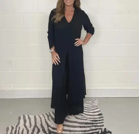 Women V-neck Long Sleeve Split Wide Pants Suit Solid Color