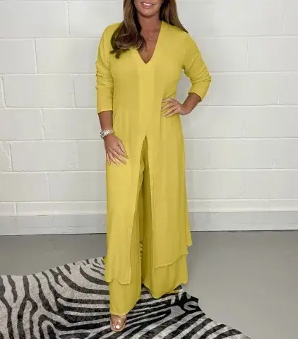 Women V-neck Long Sleeve Split Wide Pants Suit Solid Color