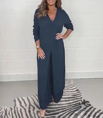 Women V-neck Long Sleeve Split Wide Pants Suit Solid Color