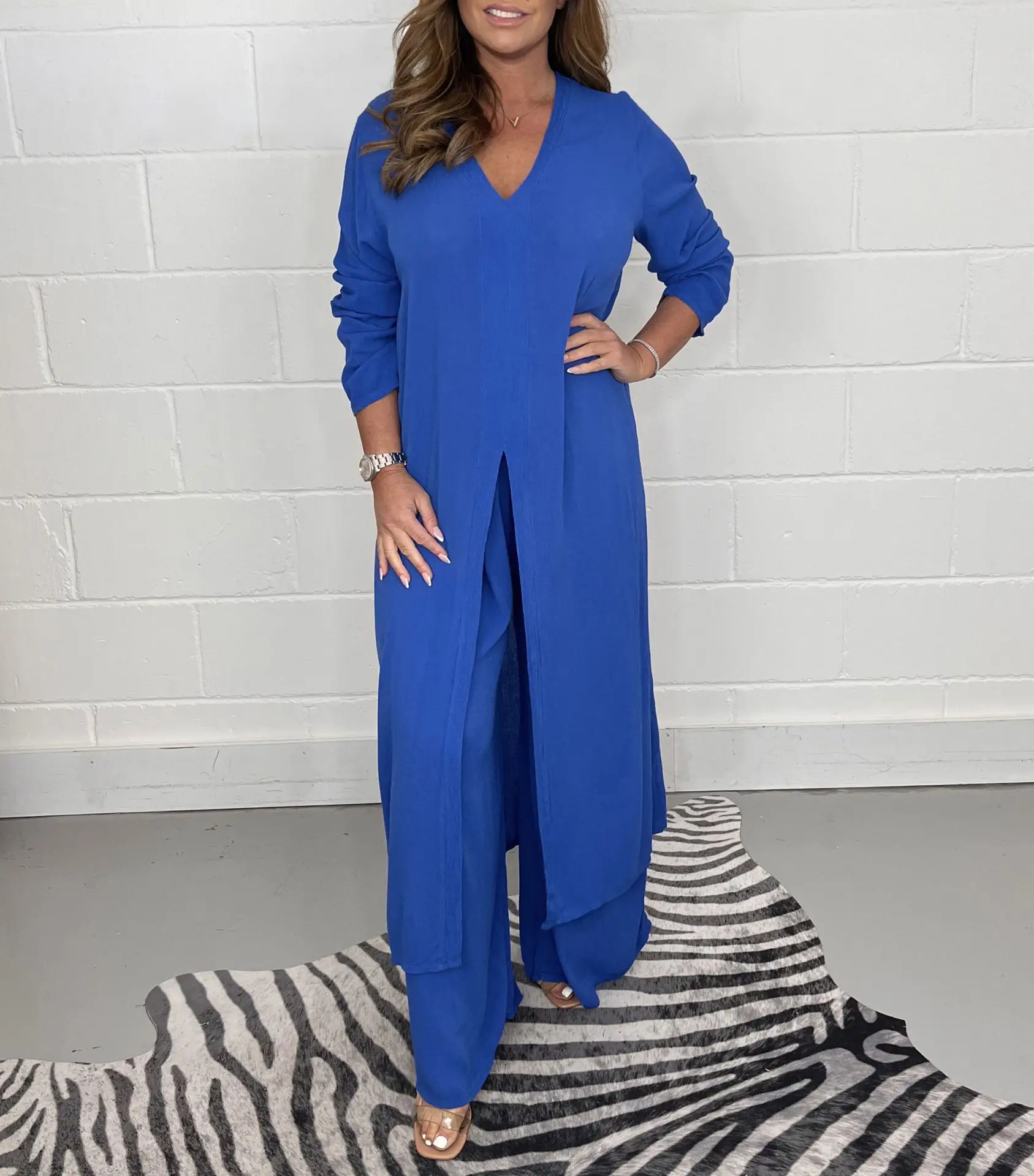 Women V-neck Long Sleeve Split Wide Pants Suit Solid Color