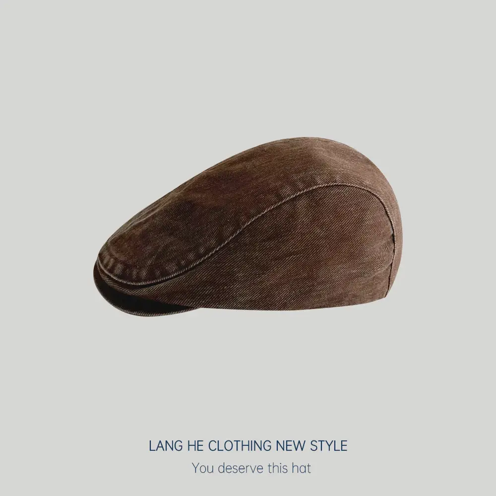 Washed Retro Forward Hat for Men Japanese Beret Brown - Image 4