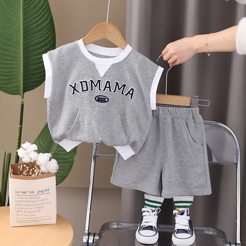 Children Cotton T-Shirt Shorts Set Gray Momma Print Summer - Image 5
