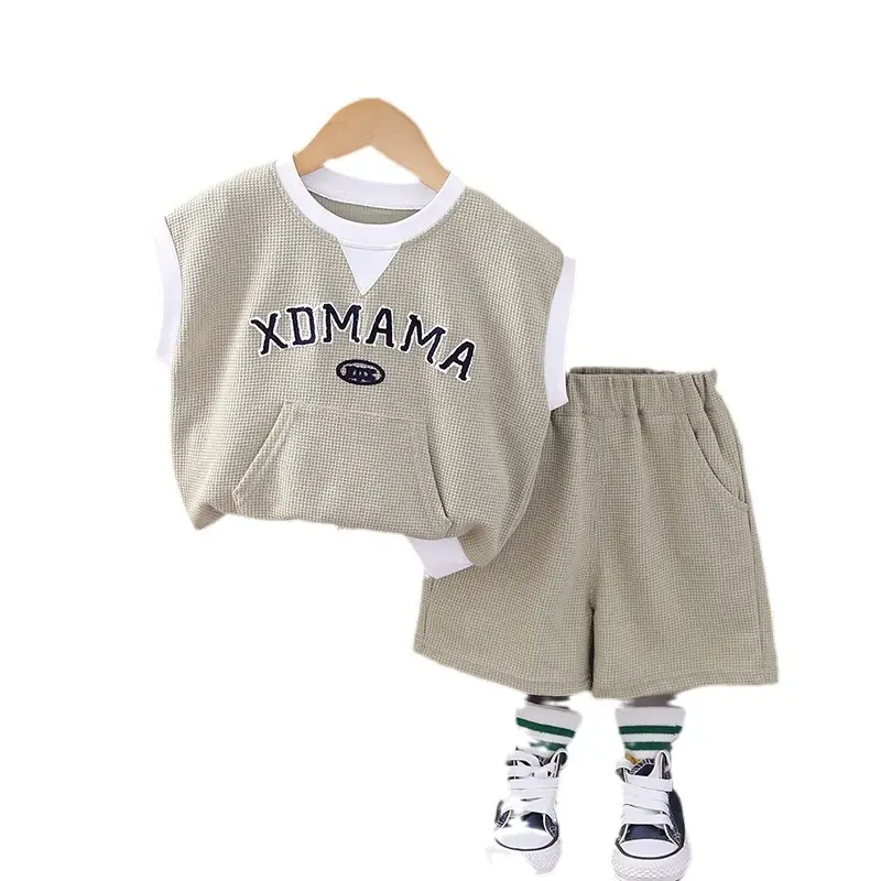 Children Cotton T-Shirt Shorts Set Gray Momma Print Summer - Image 8