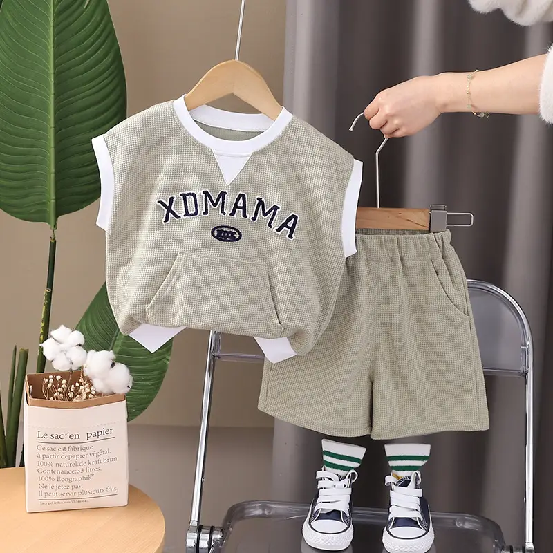 Children Cotton T-Shirt Shorts Set Gray Momma Print Summer — feature 4