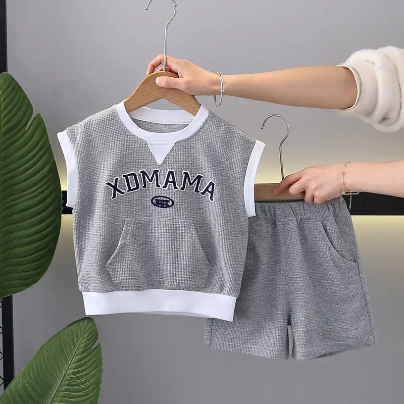 Children Cotton T-Shirt Shorts Set Gray Momma Print Summer - Image 2