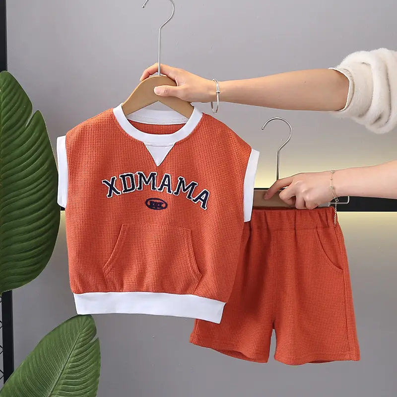 Children Cotton T-Shirt Shorts Set Gray Momma Print Summer - Image 3