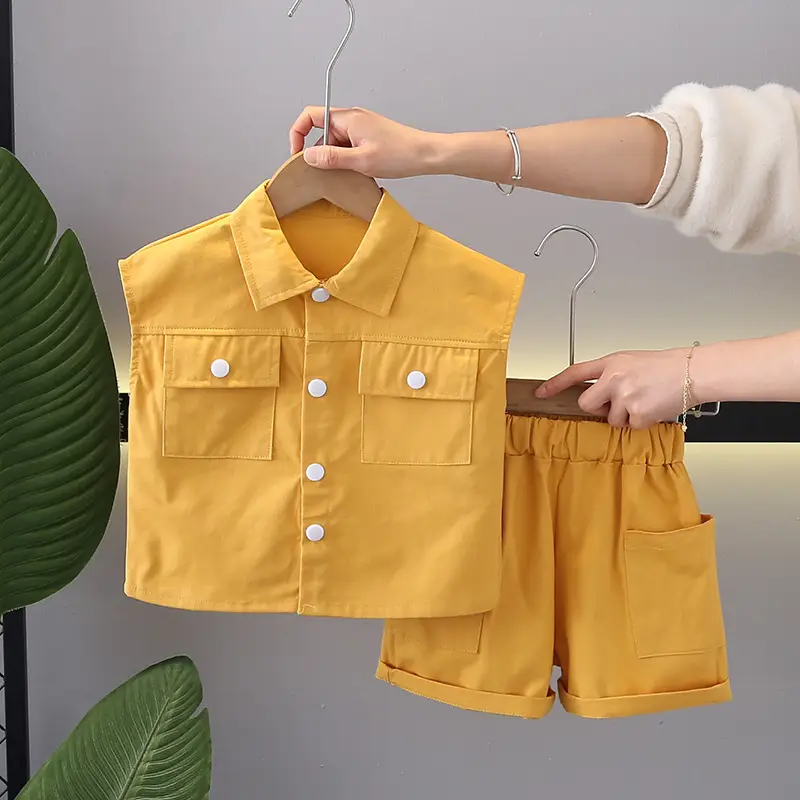 Children Cotton Short Sleeve T-Shirt Shorts Suit Yellow — feature 4