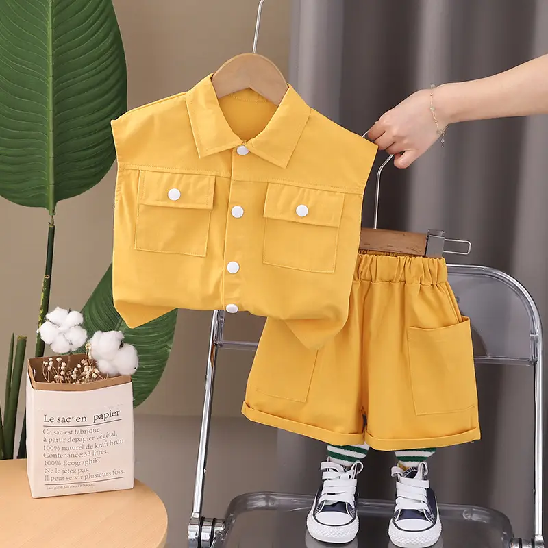 Children Cotton Short Sleeve T-Shirt Shorts Suit Yellow — feature 9