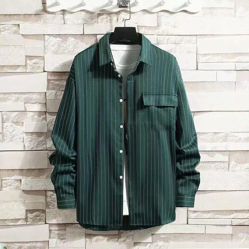 Men Korean Style Plaid Long Sleeve Shirt White - Image 18