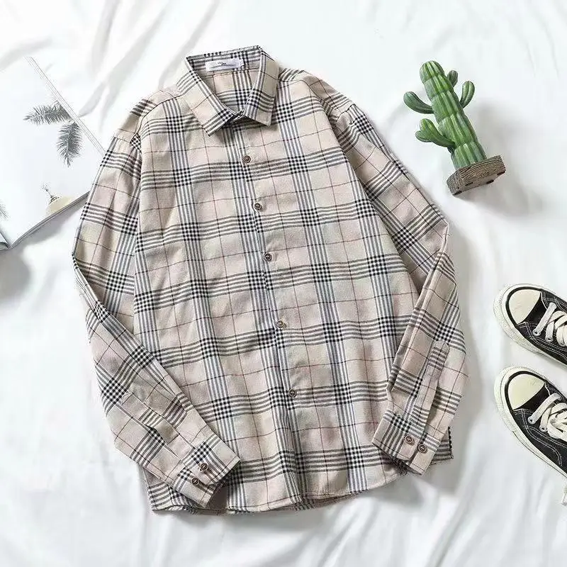 Men Korean Style Plaid Long Sleeve Shirt White - Image 19