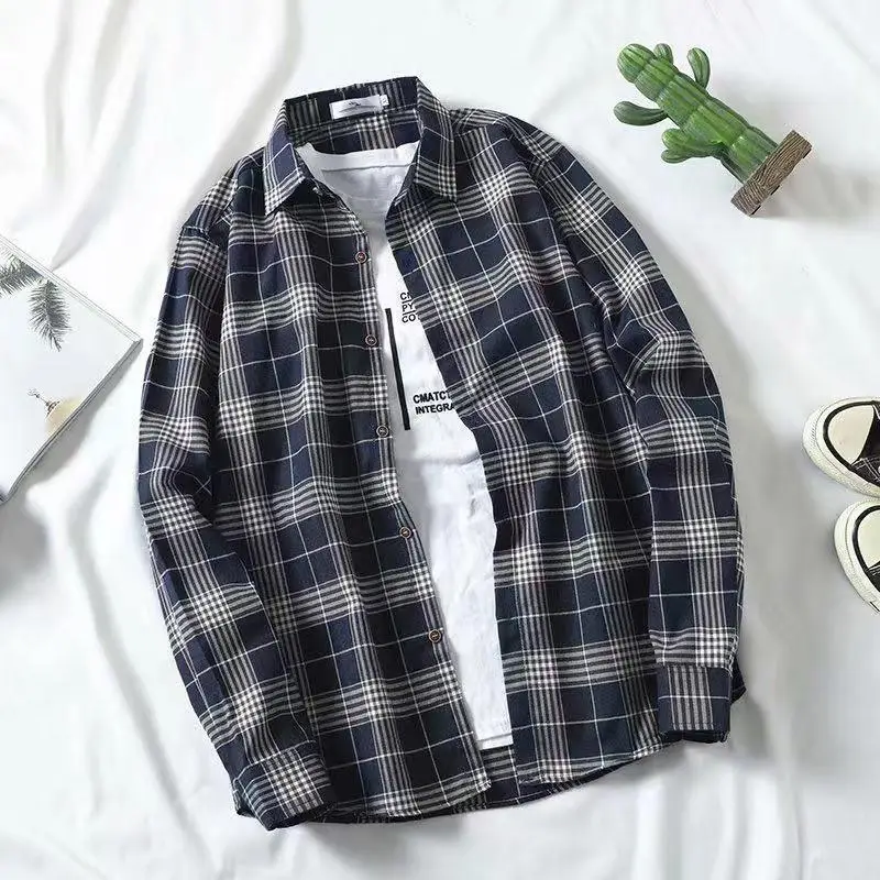 Men Korean Style Plaid Long Sleeve Shirt White - Image 21