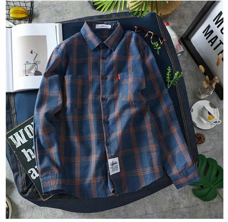 Men Korean Style Plaid Long Sleeve Shirt White — feature 17