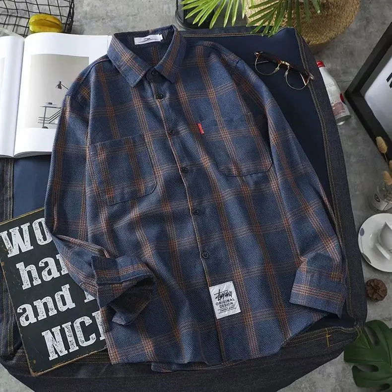Men Korean Style Plaid Long Sleeve Shirt White — feature 19