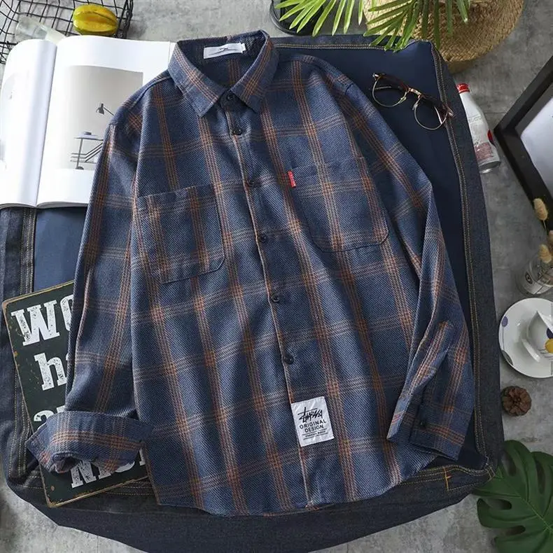 Men Korean Style Plaid Long Sleeve Shirt White — feature 20
