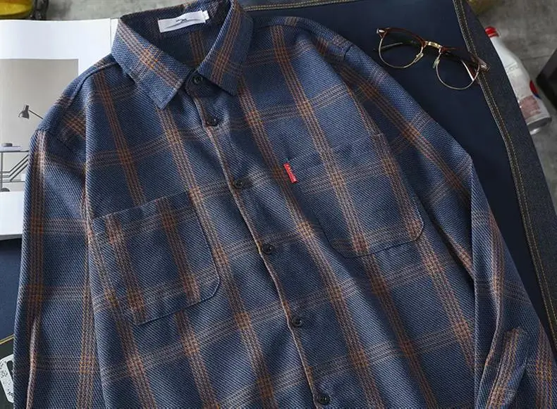 Men Korean Style Plaid Long Sleeve Shirt White — feature 21