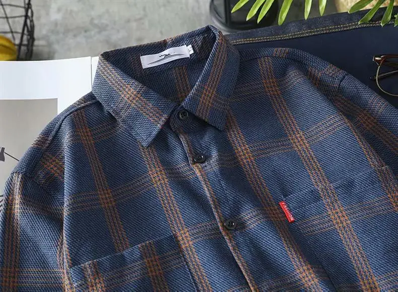 Men Korean Style Plaid Long Sleeve Shirt White — feature 24