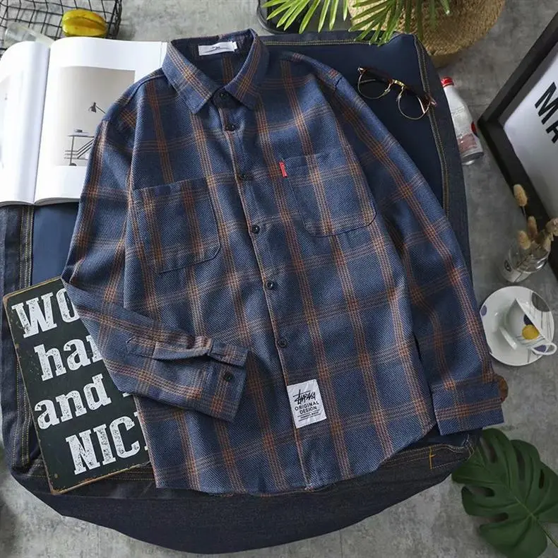 Men Korean Style Plaid Long Sleeve Shirt White — feature 25