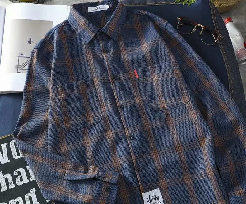 Men Korean Style Plaid Long Sleeve Shirt White — feature 32