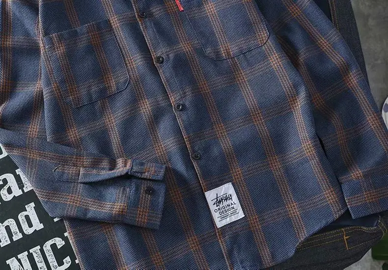 Men Korean Style Plaid Long Sleeve Shirt White — feature 33