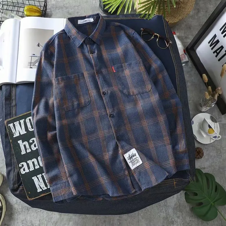 Men Korean Style Plaid Long Sleeve Shirt White — feature 34