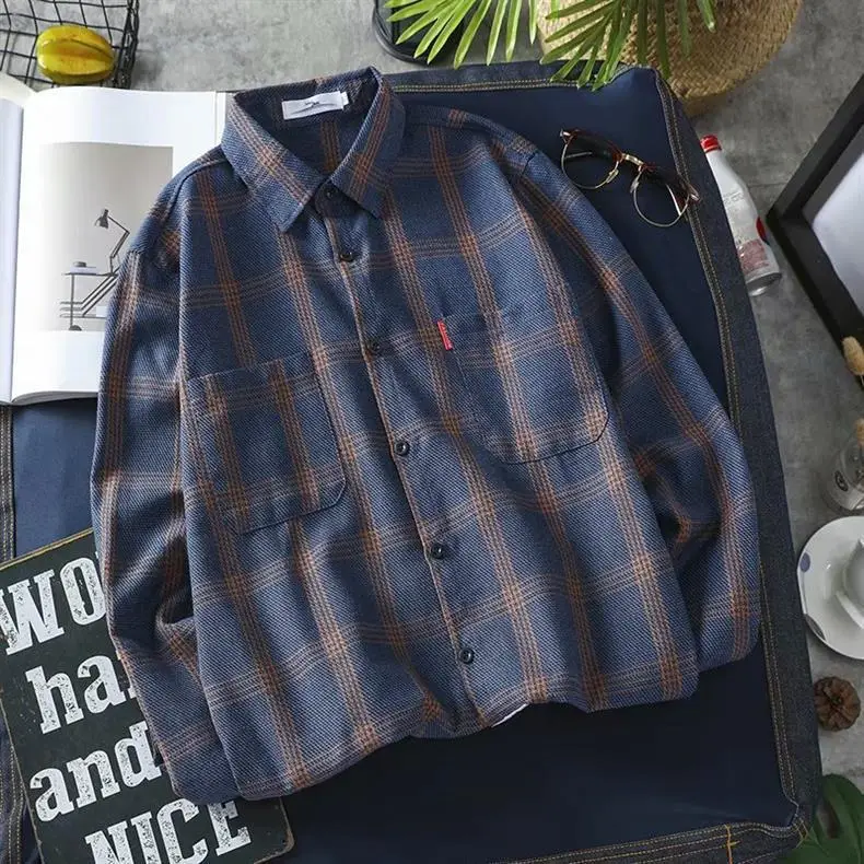 Men Korean Style Plaid Long Sleeve Shirt White — feature 35