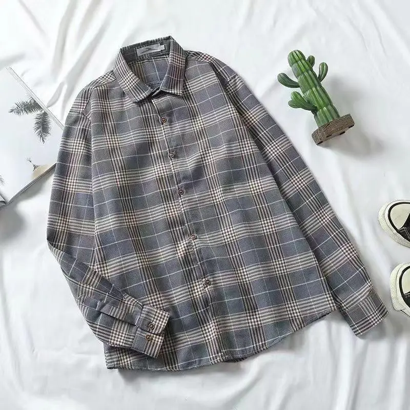 Men Korean Style Plaid Long Sleeve Shirt White - Image 11