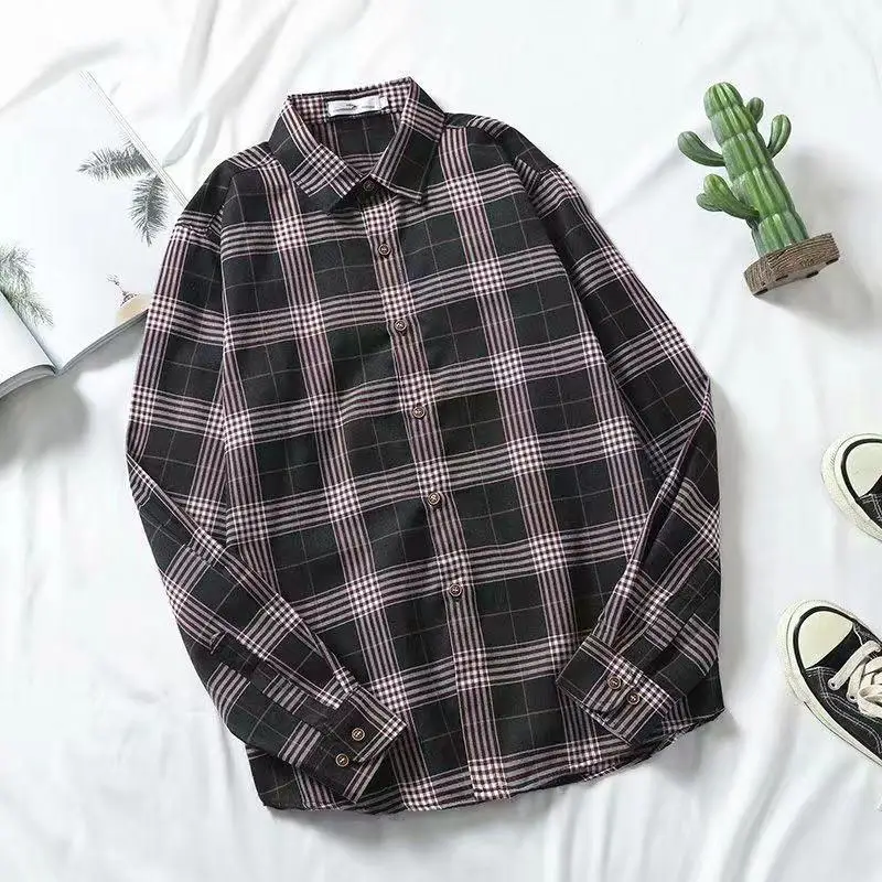 Men Korean Style Plaid Long Sleeve Shirt White - Image 13