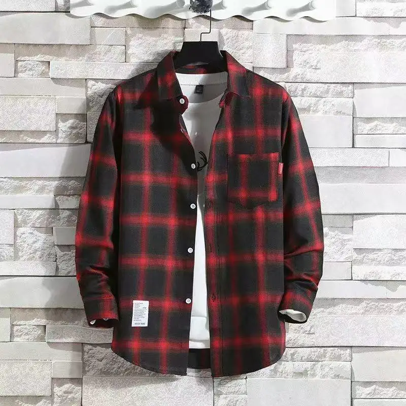Men Korean Style Plaid Long Sleeve Shirt White - Image 14