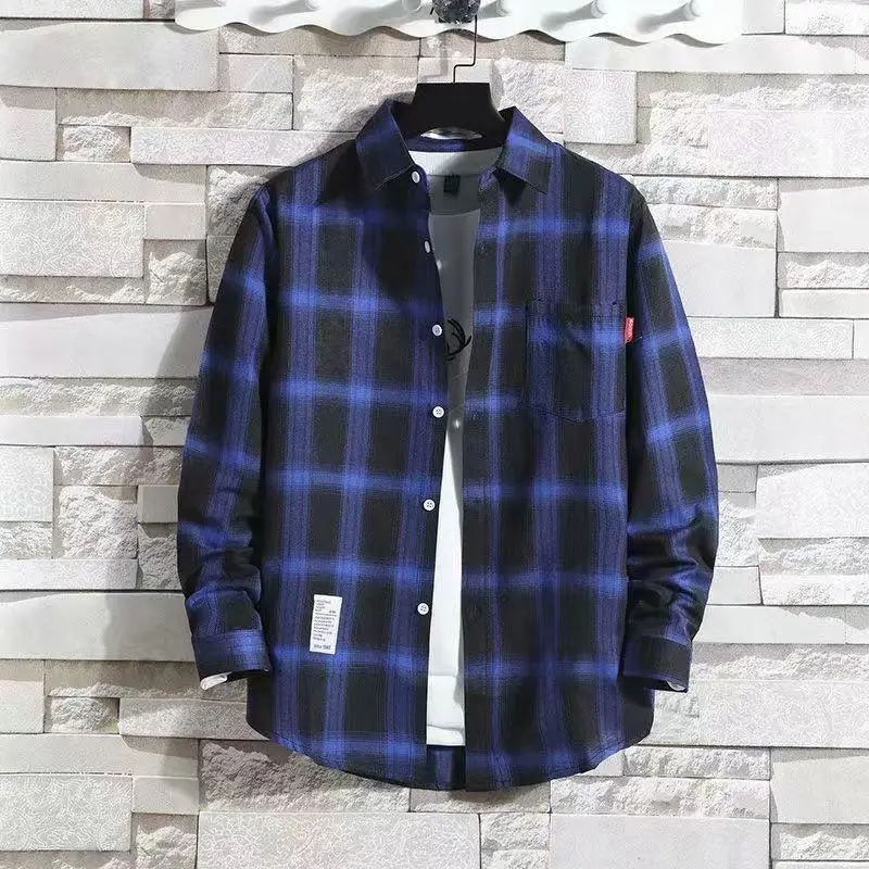 Men Korean Style Plaid Long Sleeve Shirt White - Image 16