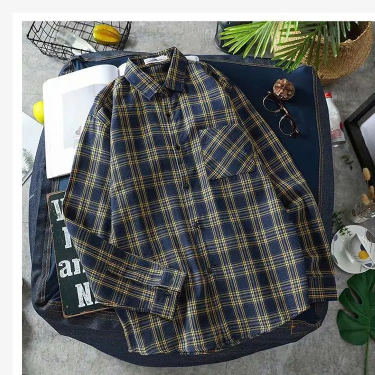 Men Korean Style Plaid Long Sleeve Shirt White - Image 2