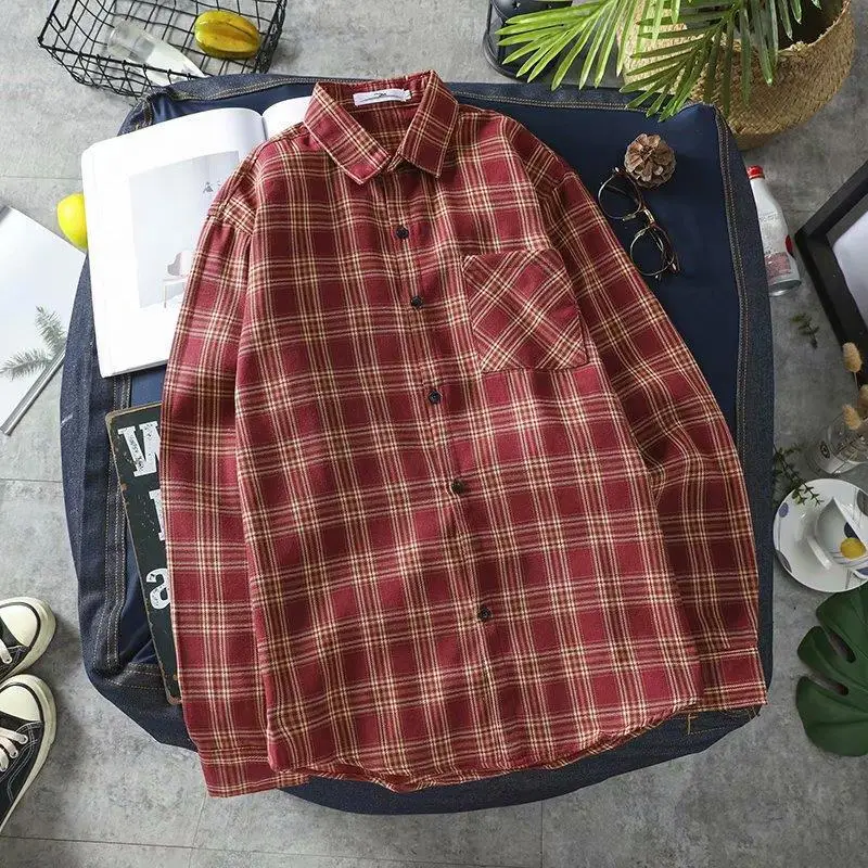 Men Korean Style Plaid Long Sleeve Shirt White - Image 3