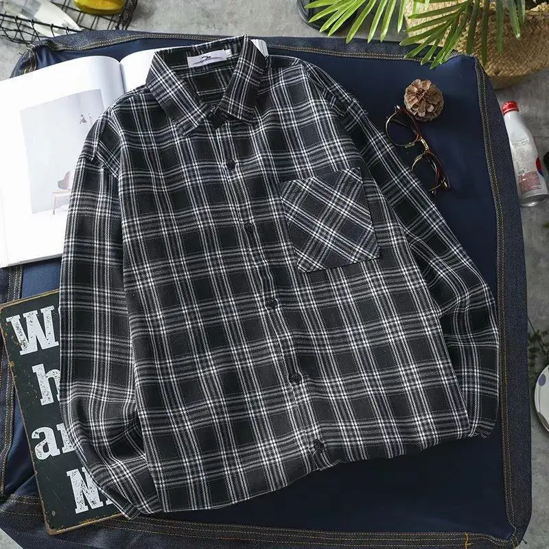 Men Korean Style Plaid Long Sleeve Shirt White - Image 4