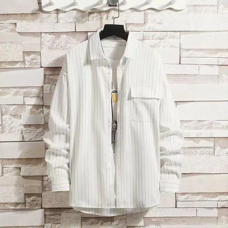 Men Korean Style Plaid Long Sleeve Shirt White - Image 7