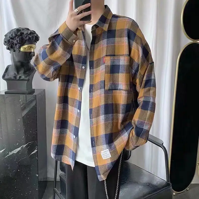 Men Korean Style Plaid Long Sleeve Shirt White - Image 8
