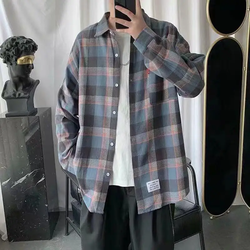 Men Korean Style Plaid Long Sleeve Shirt White - Image 9