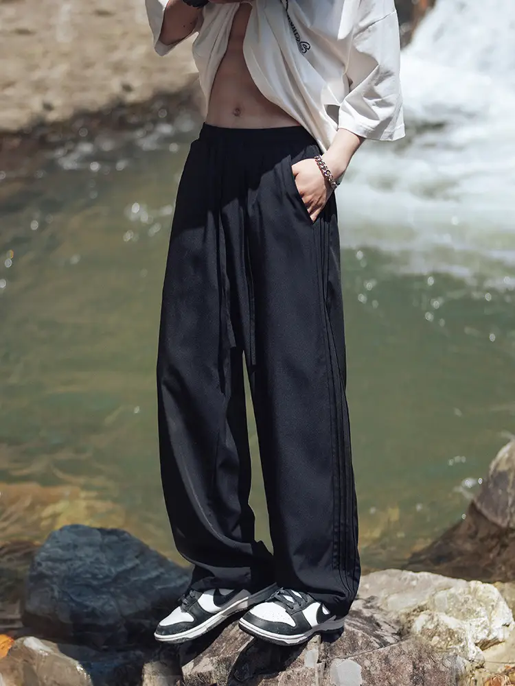 Men Ice Silk Loose Wide Sports Pants Black