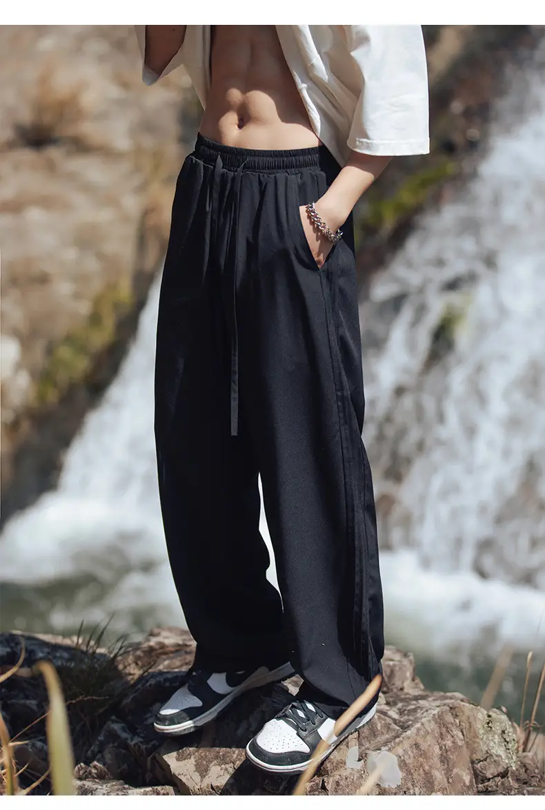 Men Ice Silk Loose Wide Sports Pants Black — feature 18