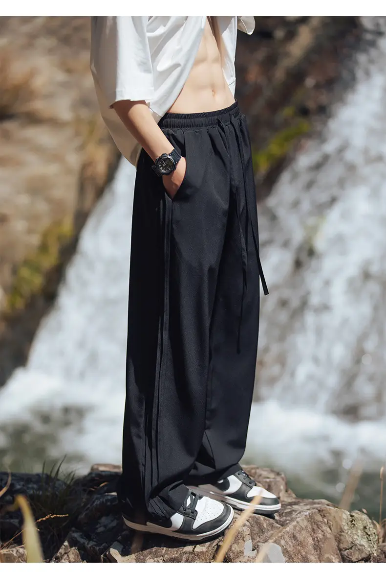 Men Ice Silk Loose Wide Sports Pants Black — feature 19