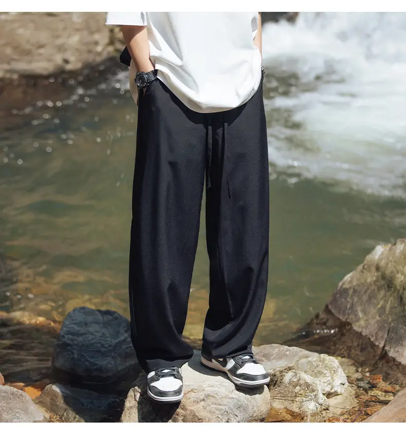Men Ice Silk Loose Wide Sports Pants Black — feature 20