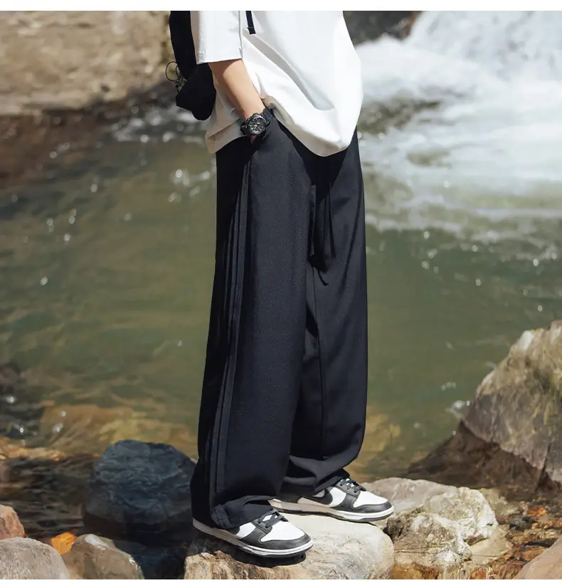 Men Ice Silk Loose Wide Sports Pants Black — feature 21