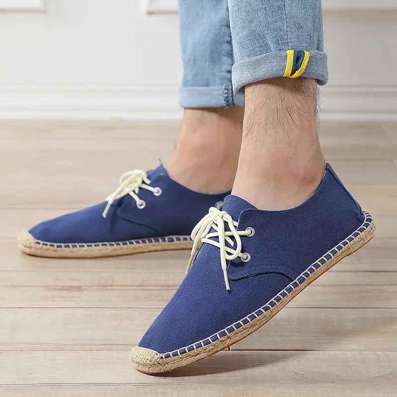 New skewed toe hemp rope shoes men's lace-up straw shoes sweat-absorbent breathable hand-stitched shoes slip-on loafers cloth shoes
