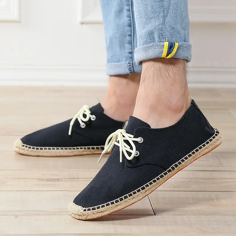 New skewed toe hemp rope shoes men's lace-up straw shoes sweat-absorbent breathable hand-stitched shoes slip-on loafers cloth shoes
