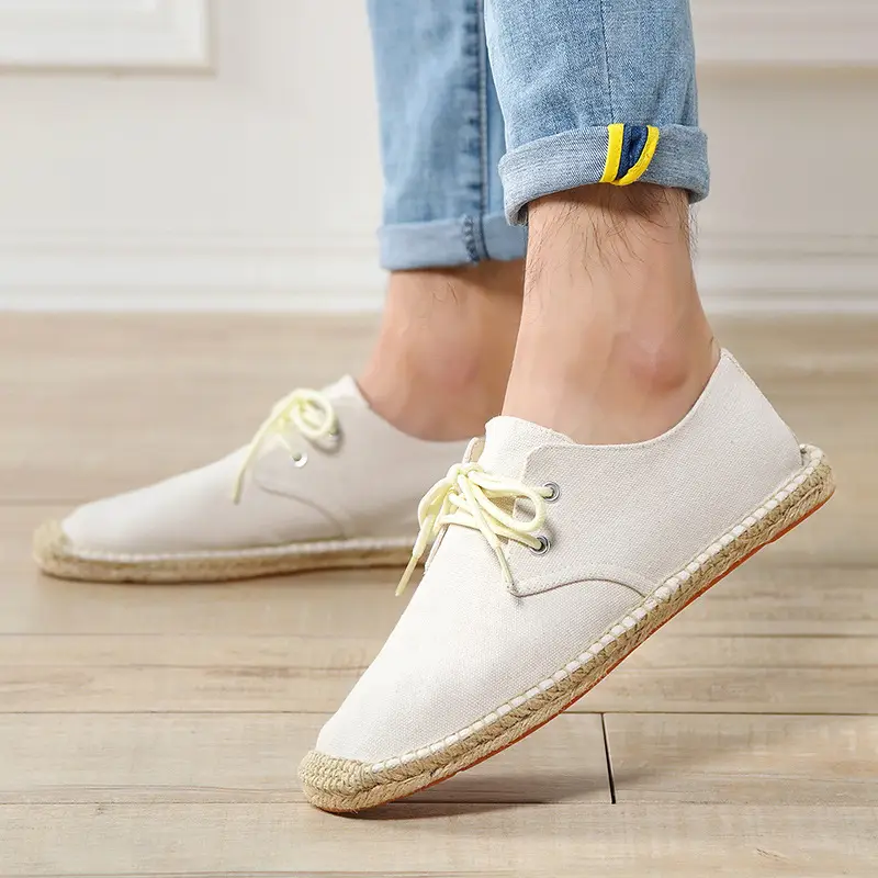 New skewed toe hemp rope shoes men's lace-up straw shoes sweat-absorbent breathable hand-stitched shoes slip-on loafers cloth shoes