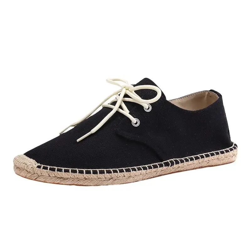 New skewed toe hemp rope shoes men's lace-up straw shoes sweat-absorbent breathable hand-stitched shoes slip-on loafers cloth shoes