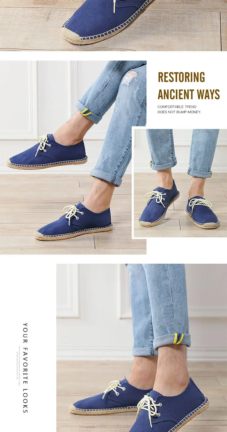 New skewed toe hemp rope shoes men's lace-up straw shoes sweat-absorbent breathable hand-stitched shoes slip-on loafers cloth shoes — feature 10