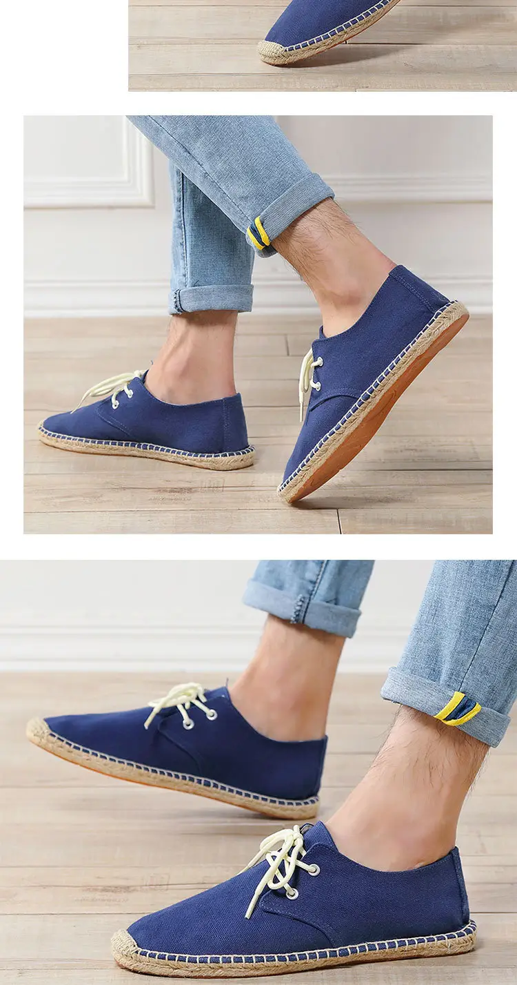 New skewed toe hemp rope shoes men's lace-up straw shoes sweat-absorbent breathable hand-stitched shoes slip-on loafers cloth shoes — feature 11