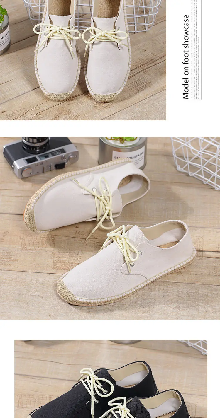 New skewed toe hemp rope shoes men's lace-up straw shoes sweat-absorbent breathable hand-stitched shoes slip-on loafers cloth shoes — feature 15